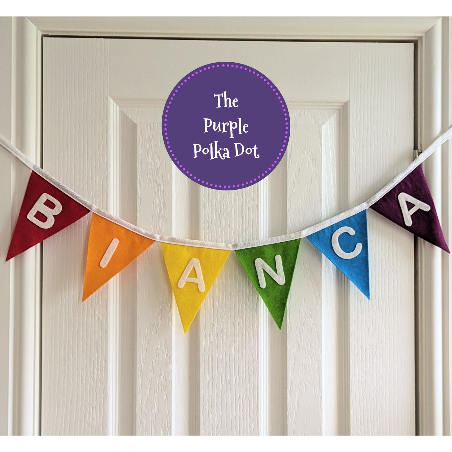 Custom personalised rainbow felt bunting with hand-cut lettering