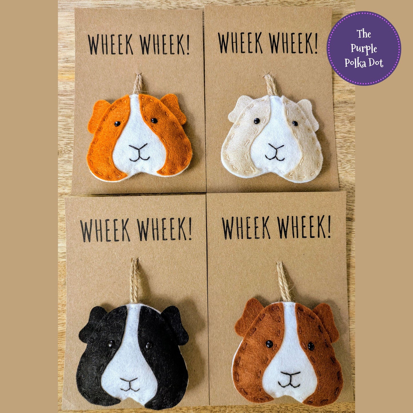 Handmade colourful felt guinea pig hanging ornament, wheek wheek cavy card, cute wool blend piggy decor, unique gift for guinea pig lover