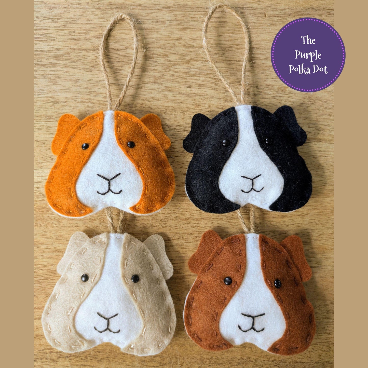 Handmade colourful felt guinea pig hanging ornament, wheek wheek cavy card, cute wool blend piggy decor, unique gift for guinea pig lover