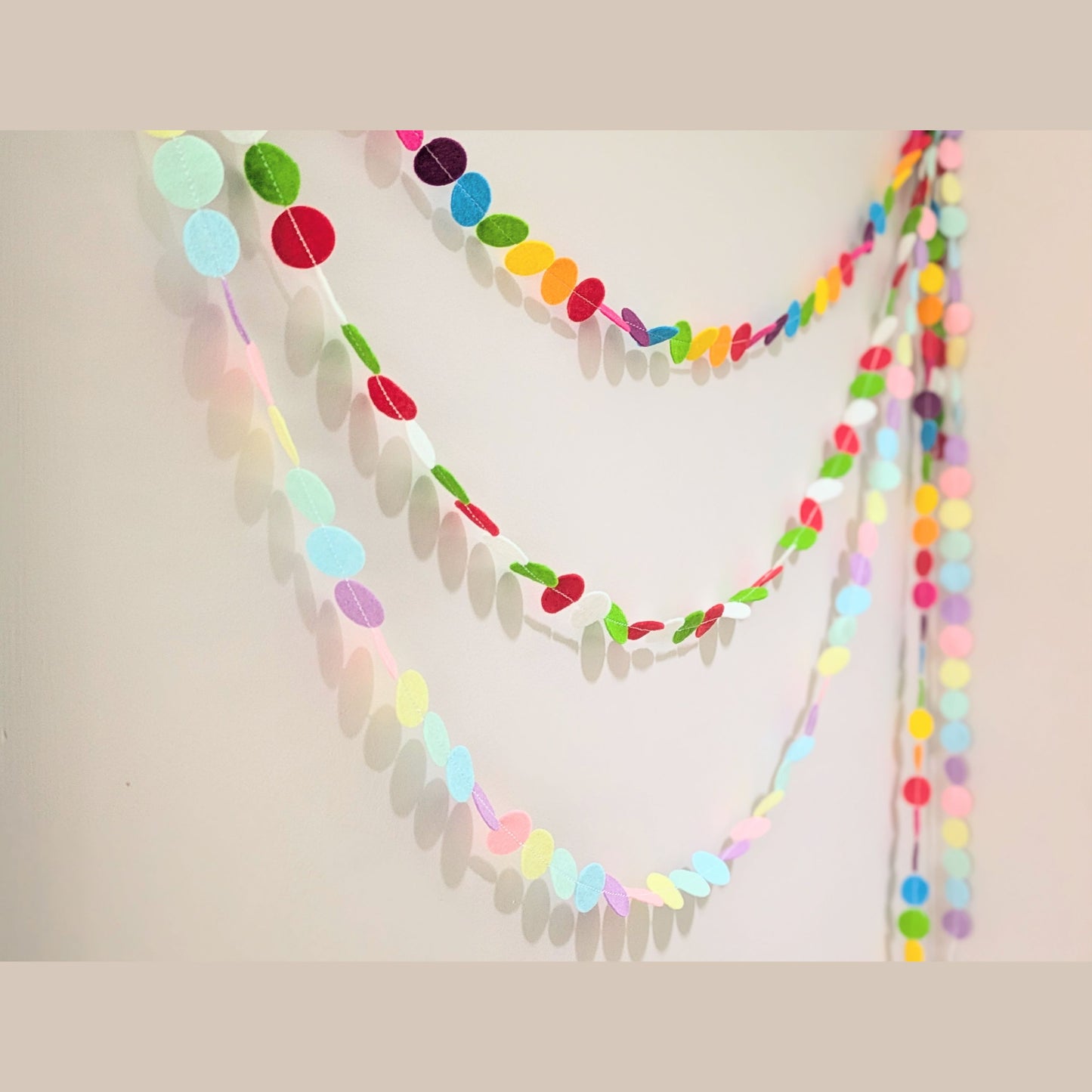 Rainbow pastel felt circle garland - polka dot confetti banner
