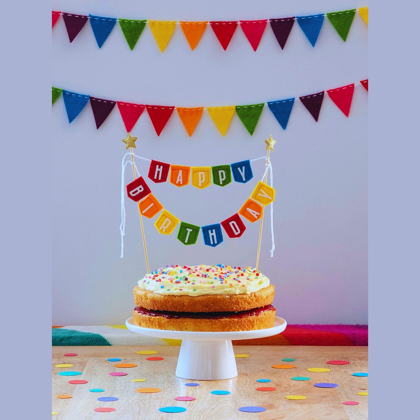 Felt Happy Birthday Cake Topper Spearhead Bunting in Rainbow Colours