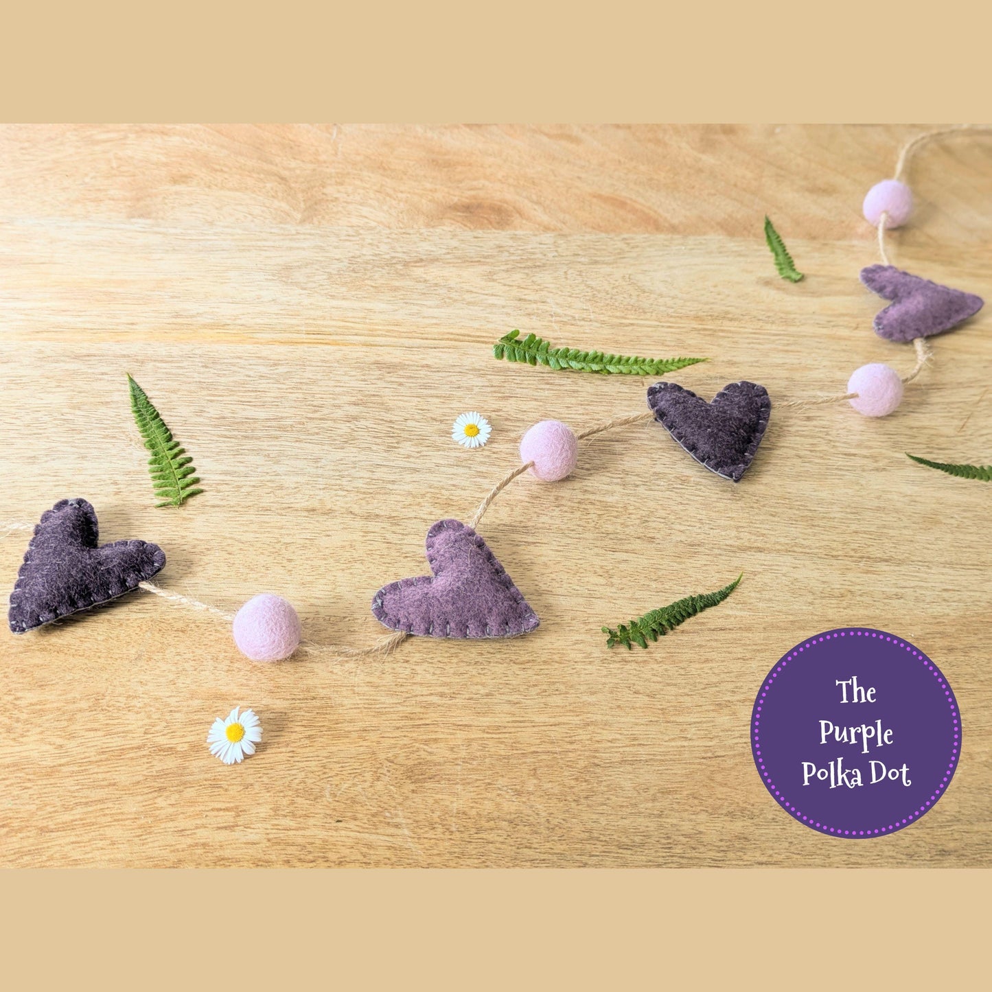 Felt heart garland, purple mini bunting, felt ball garland, hanging heart decoration, wedding photo prop, cottagecore hanging decoration
