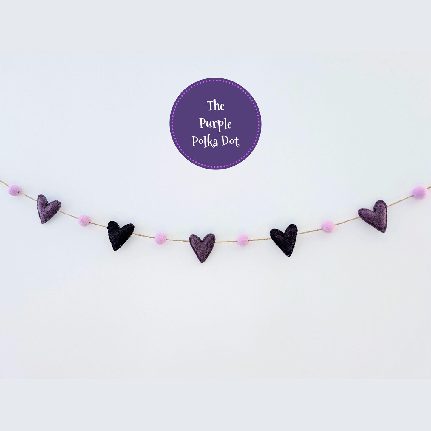 Felt heart garland, purple mini bunting, felt ball garland, hanging heart decoration, wedding photo prop, cottagecore hanging decoration