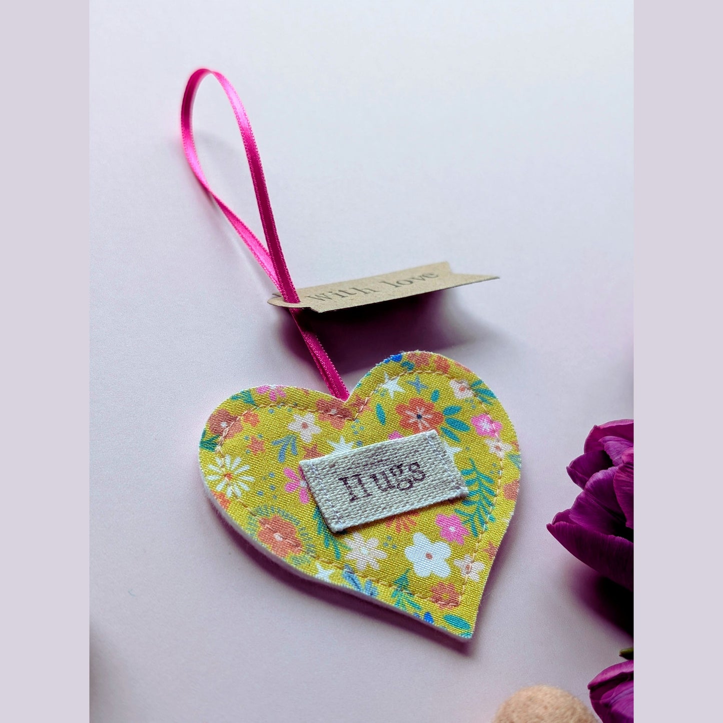 'Hugs' Hanging Heart Decoration with Recycled Plantable Wildflower Seed Backing Card - Yellow floral