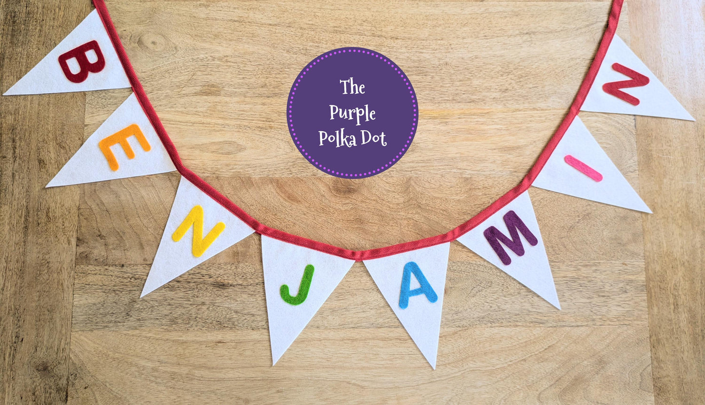 Custom personalised felt bunting with rainbow hand-cut lettering