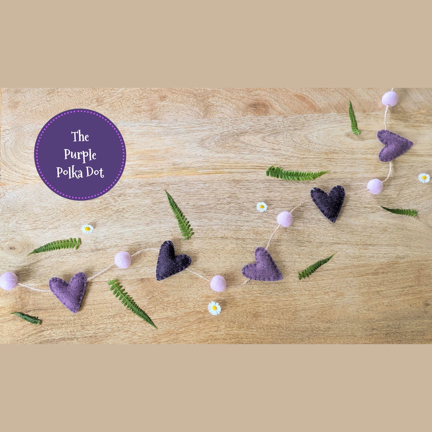 Felt heart garland, purple mini bunting, felt ball garland, hanging heart decoration, wedding photo prop, cottagecore hanging decoration