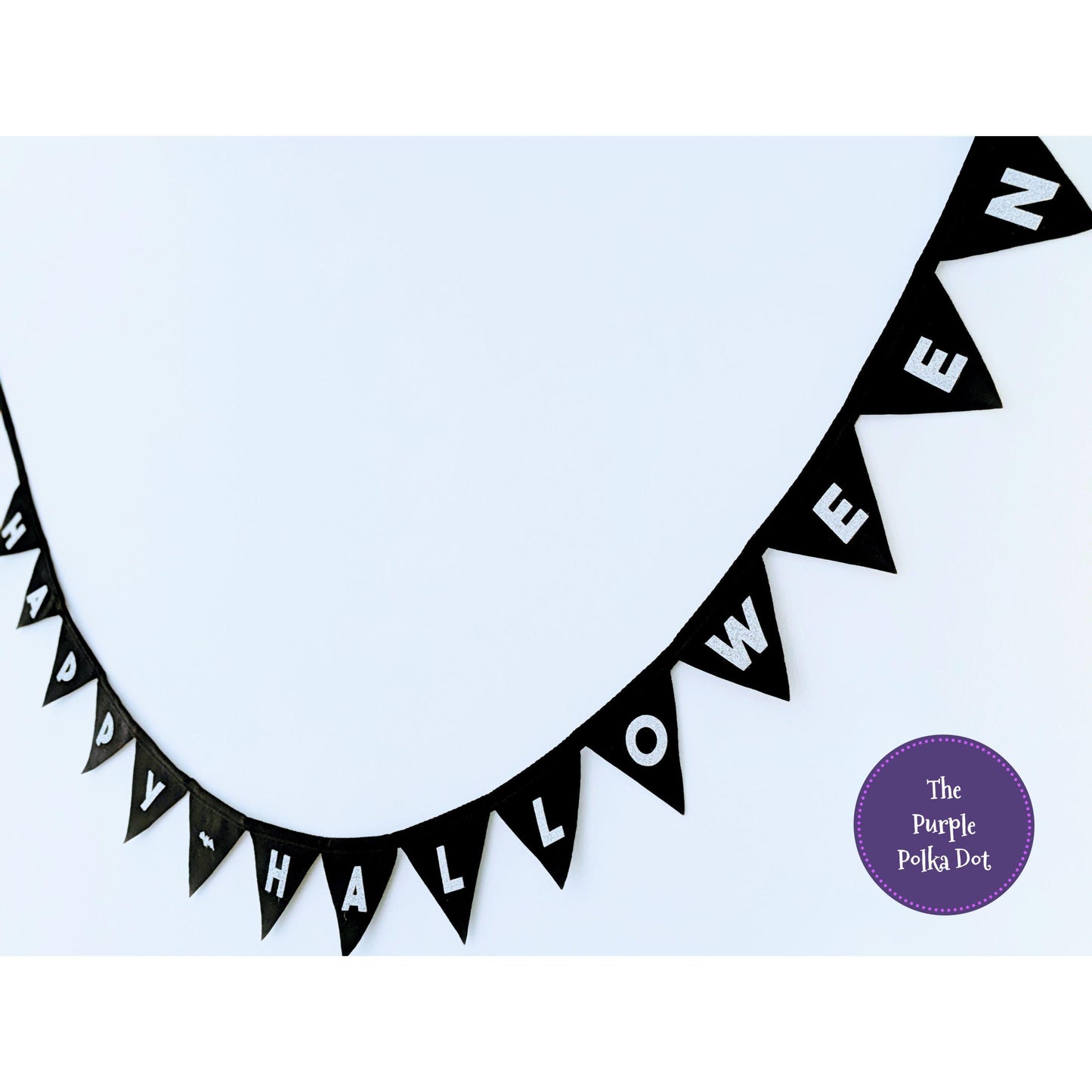 Happy Halloween black felt bunting with silver glitter felt lettering