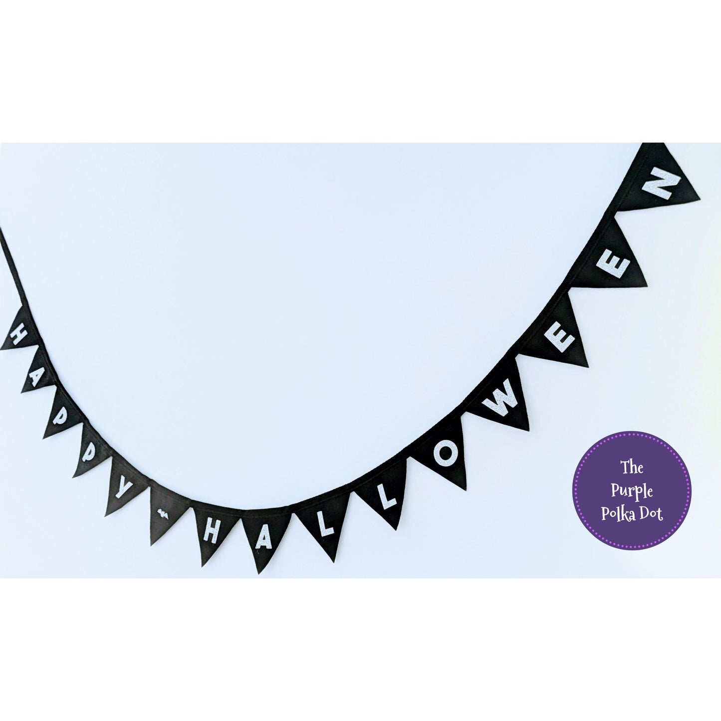 Happy Halloween black felt bunting with silver glitter felt lettering