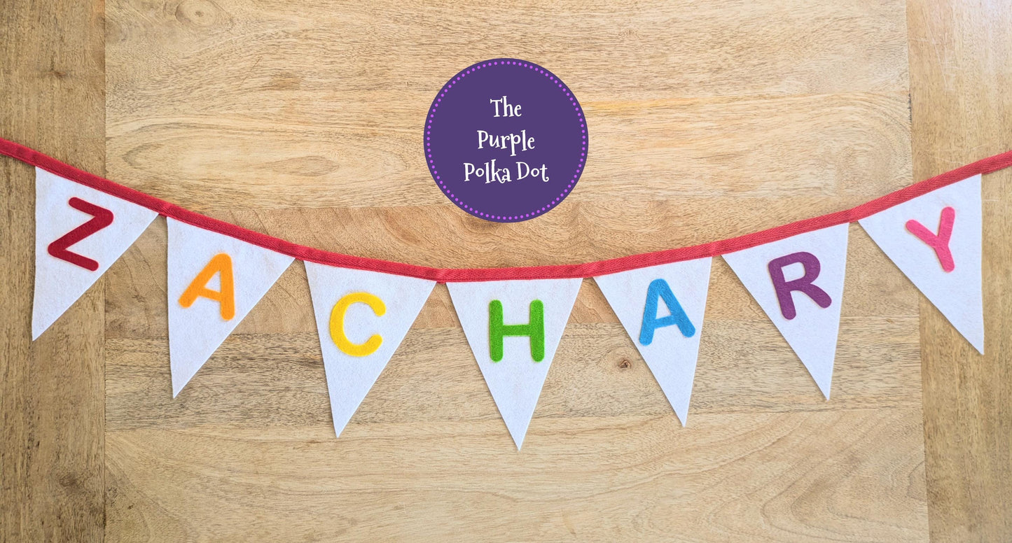 Custom personalised felt bunting with rainbow hand-cut lettering