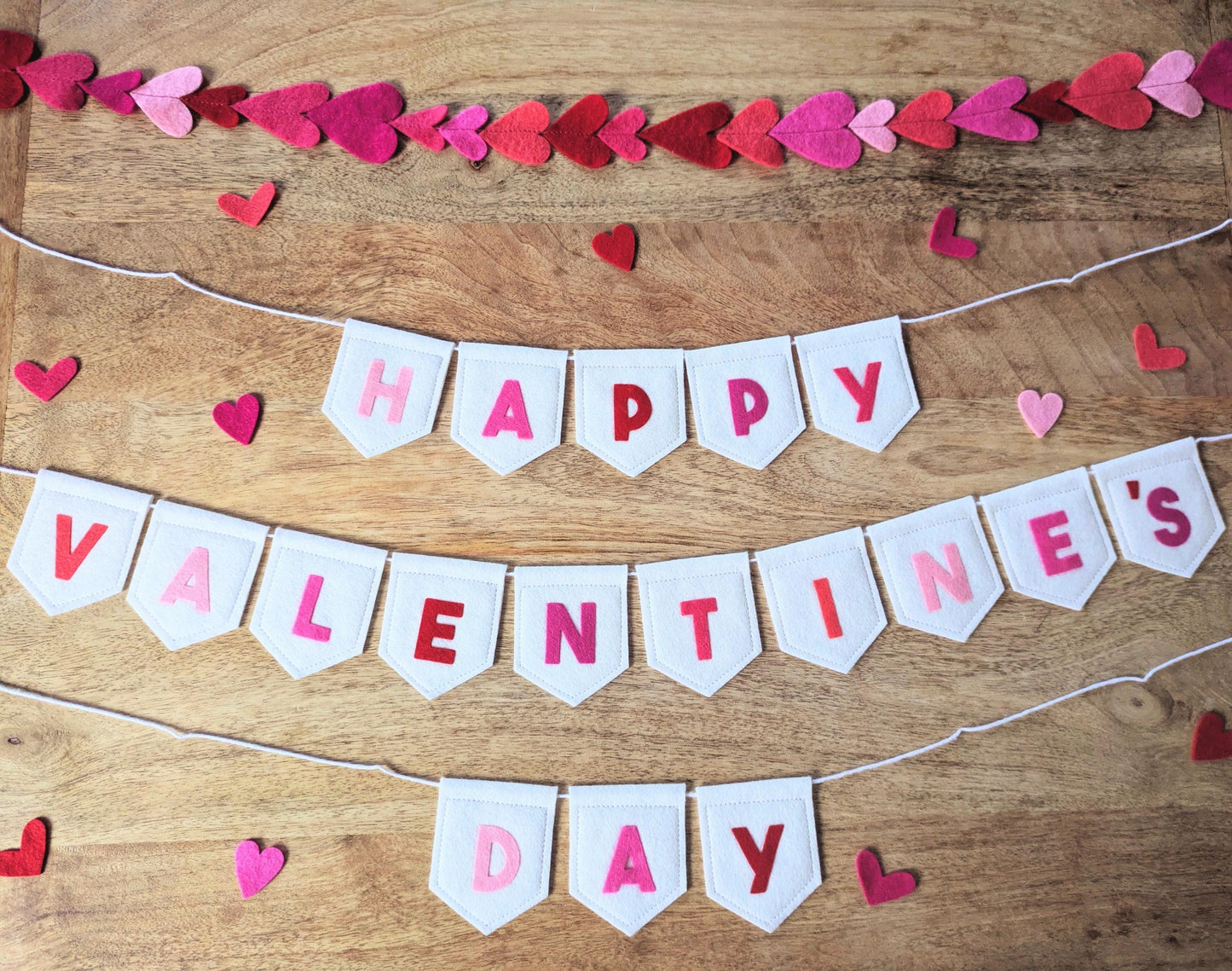 Felt Valentine's Day Banner: Handmade off-white bunting with pink and red lettering