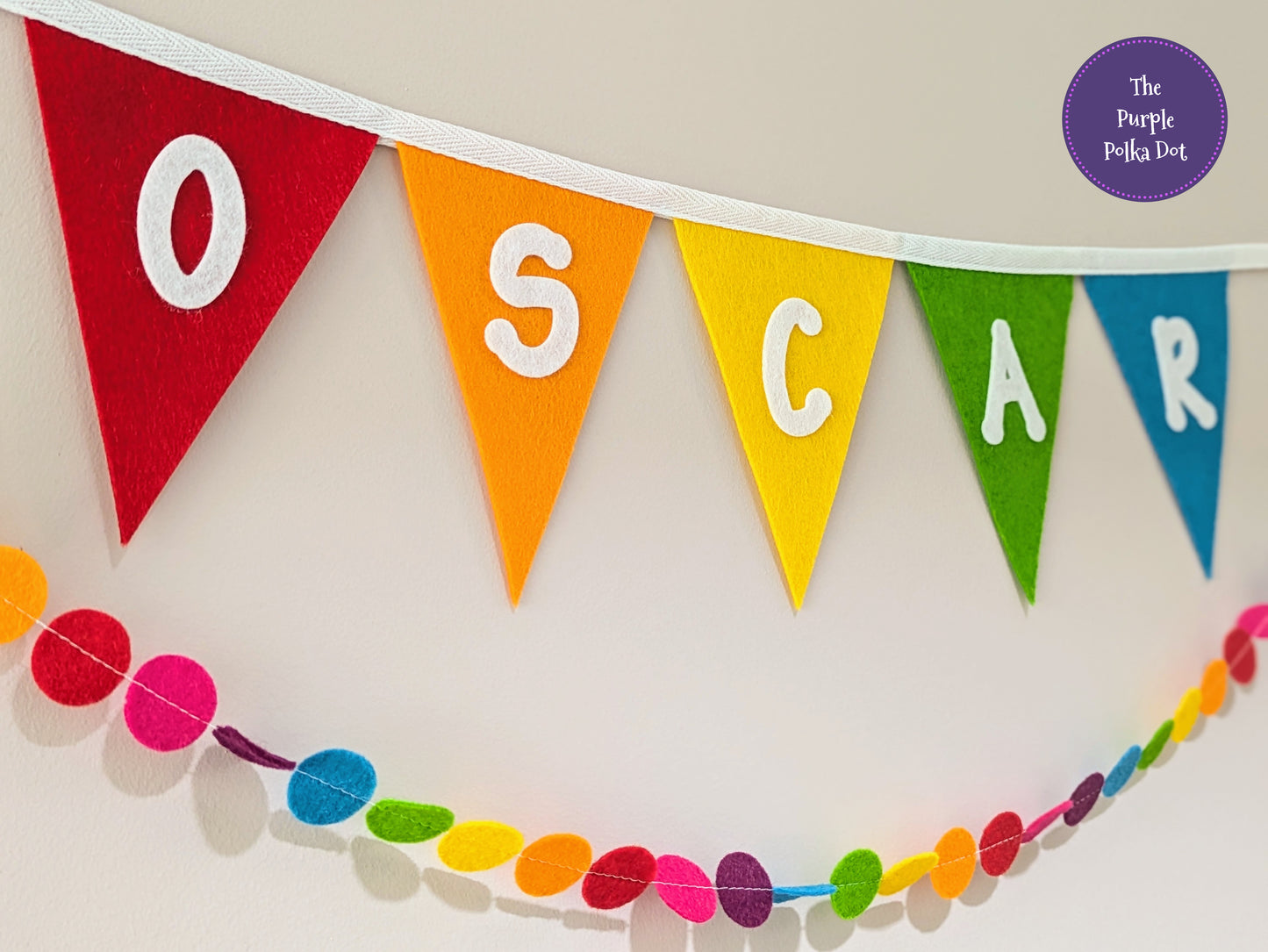 Custom personalised rainbow felt bunting with large die-cut lettering