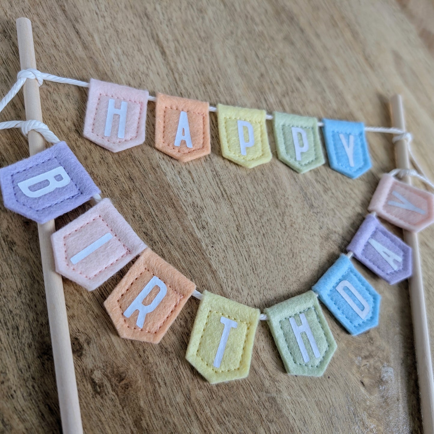 Handmade felt happy birthday pastel rainbow cake topper bunting