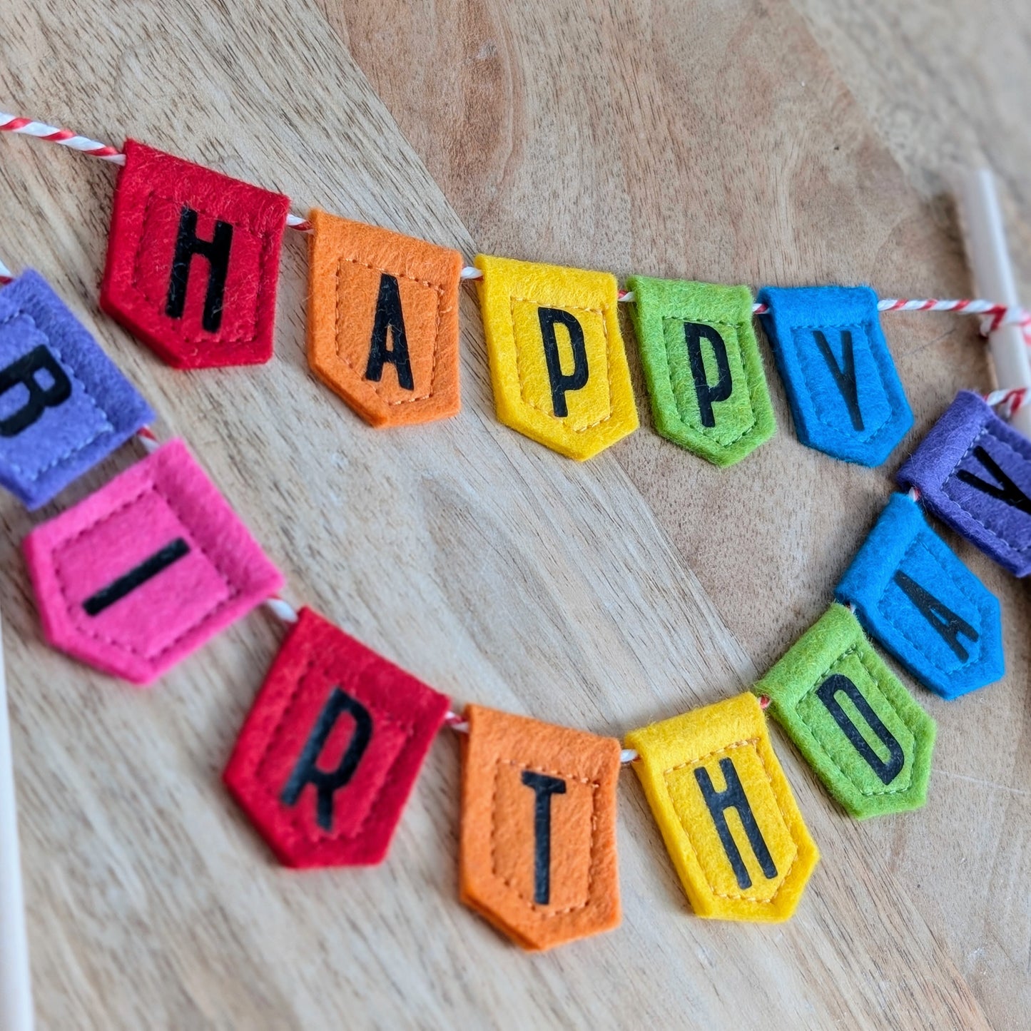 Handmade felt rainbow happy birthday cake topper bunting