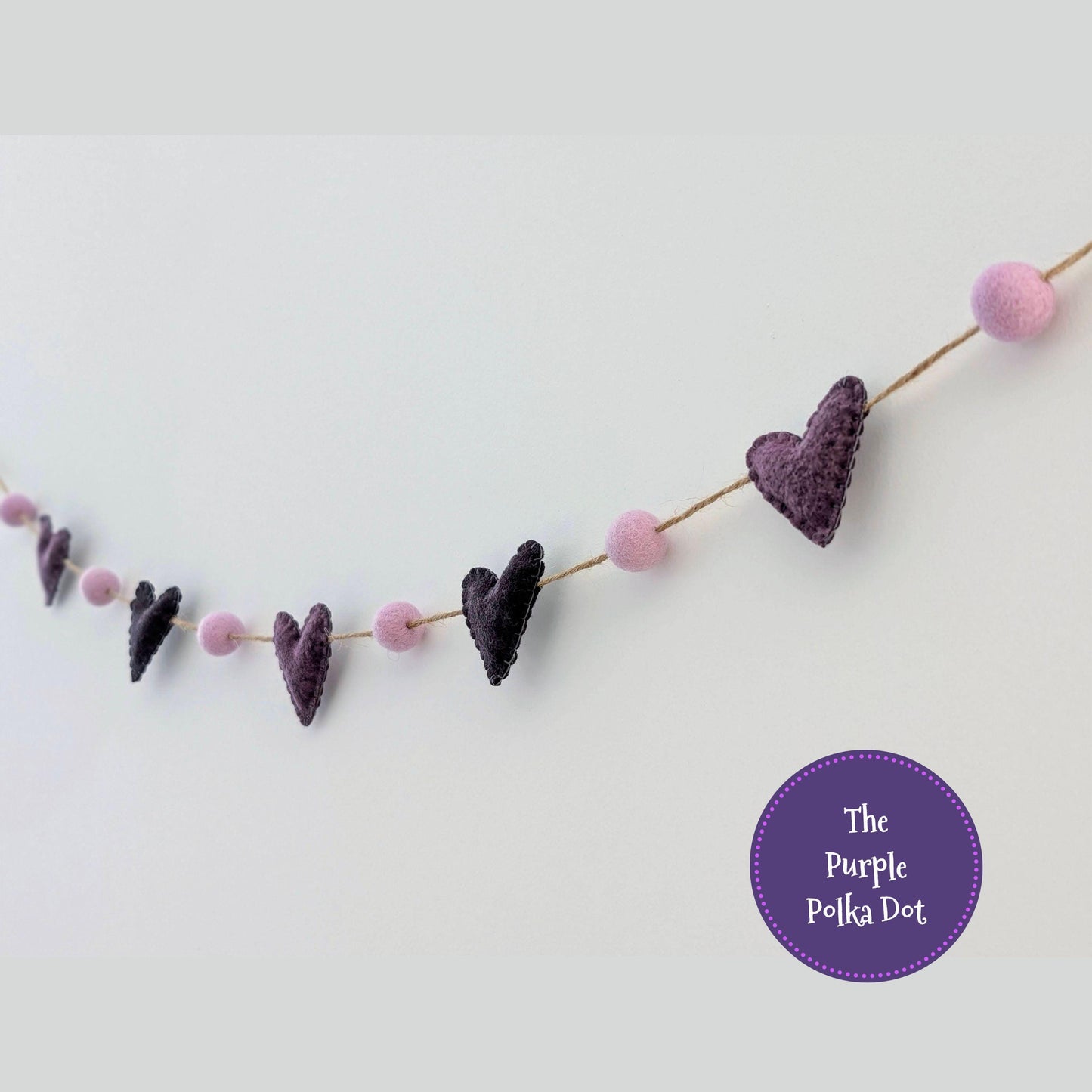 Felt heart garland, purple mini bunting, felt ball garland, hanging heart decoration, wedding photo prop, cottagecore hanging decoration