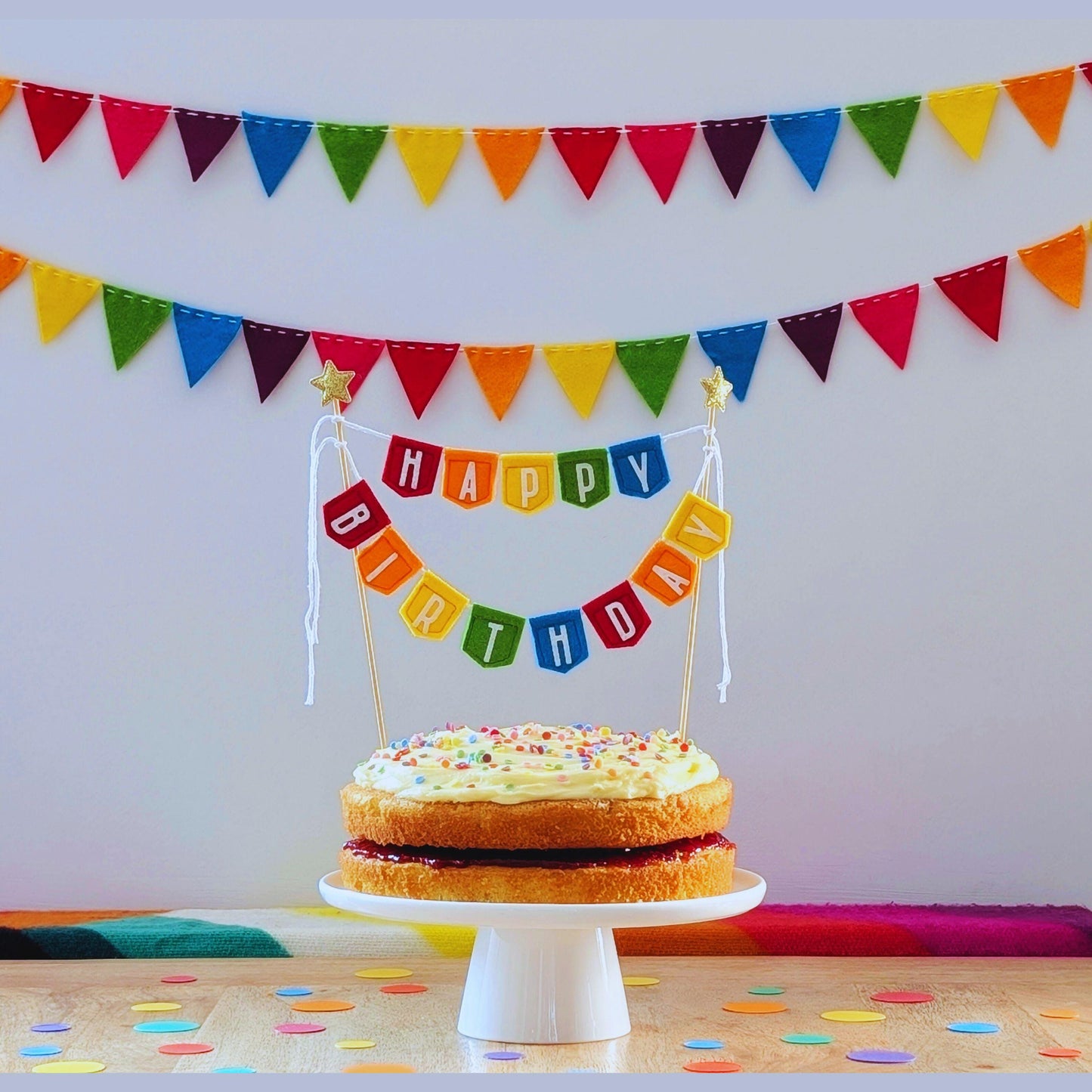 Felt Happy Birthday Cake Topper Spearhead Bunting in Rainbow Colours