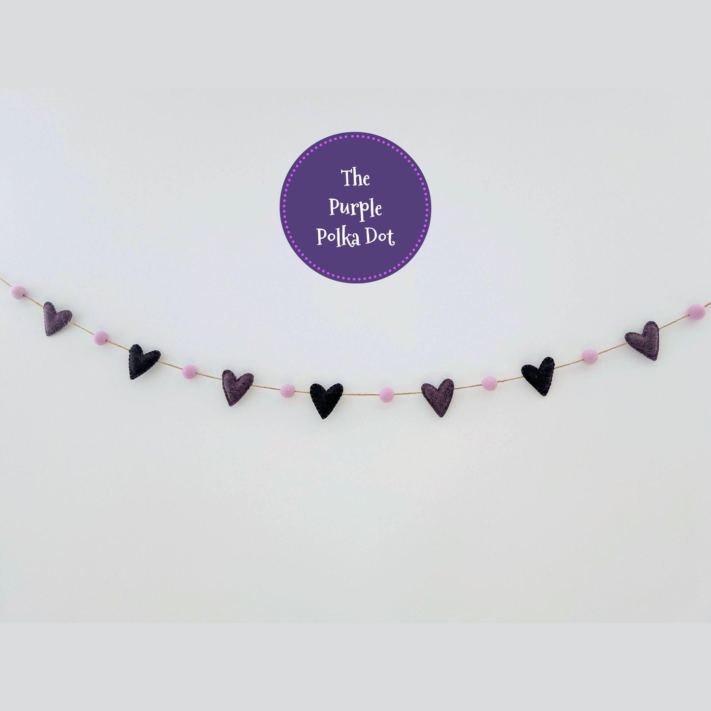 Felt heart garland, purple mini bunting, felt ball garland, hanging heart decoration, wedding photo prop, cottagecore hanging decoration