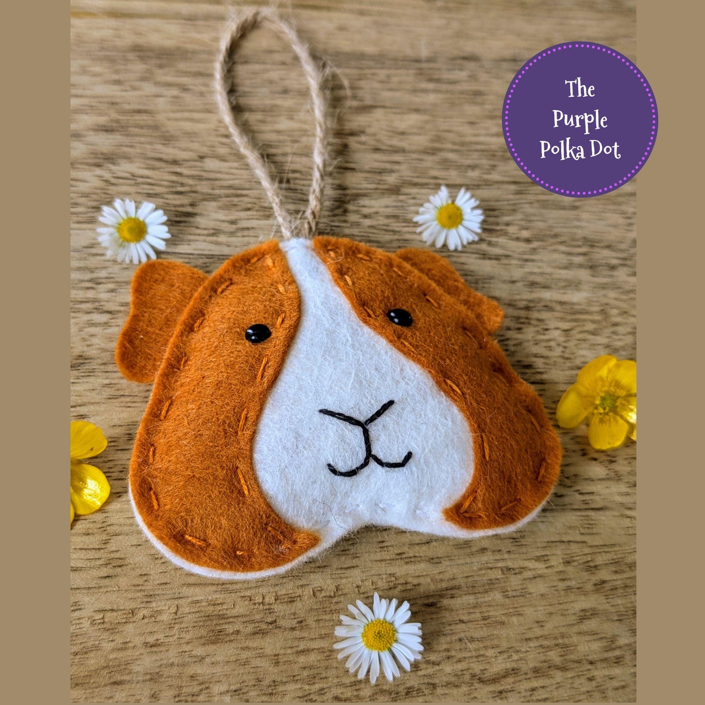 Handmade colourful felt guinea pig hanging ornament, wheek wheek cavy card, cute wool blend piggy decor, unique gift for guinea pig lover