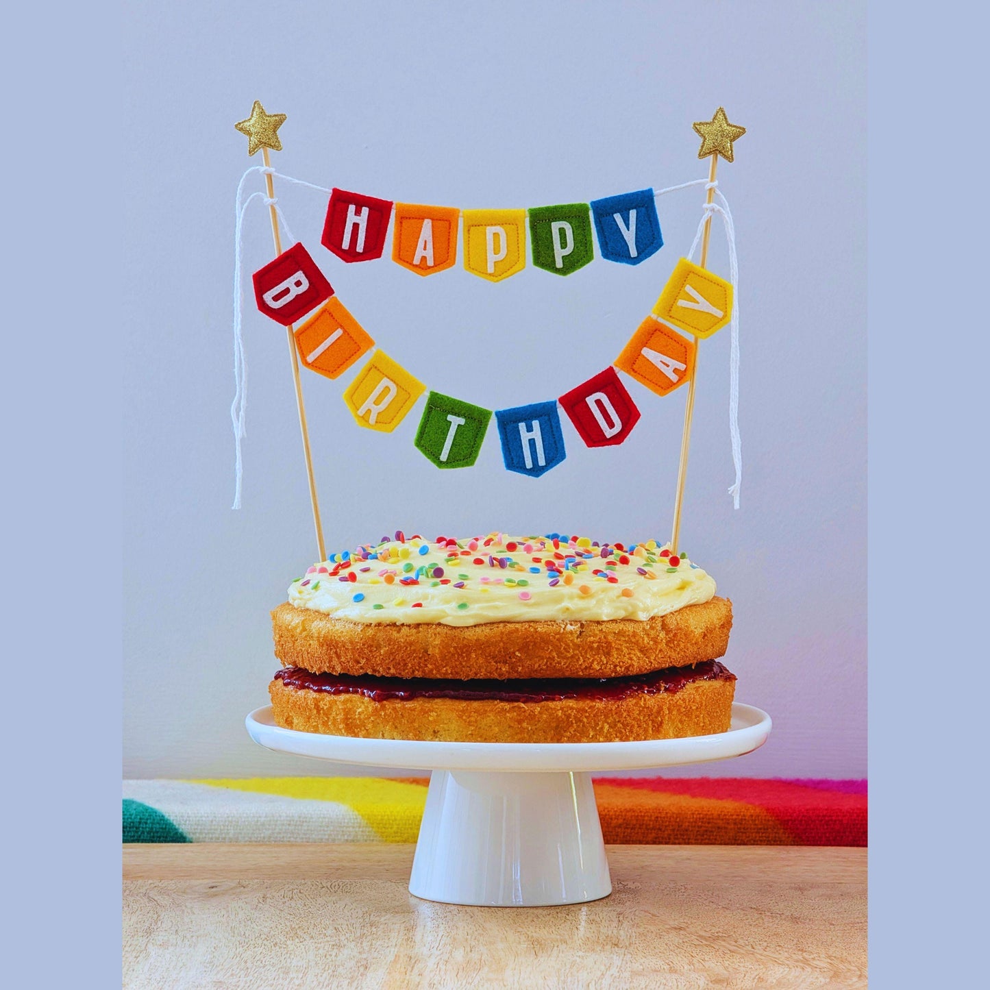 Felt Happy Birthday Cake Topper Spearhead Bunting in Rainbow Colours