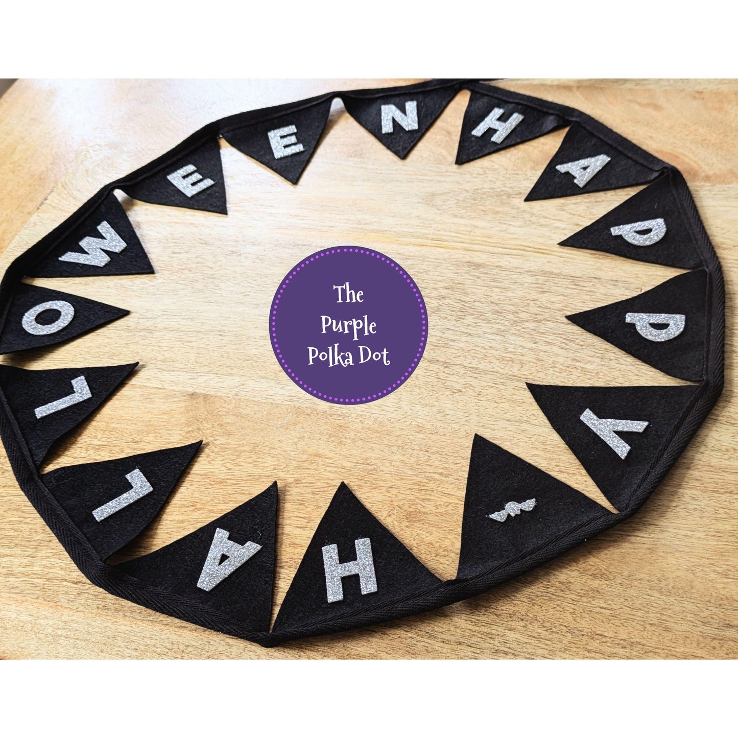 Happy Halloween black felt bunting with silver glitter felt lettering