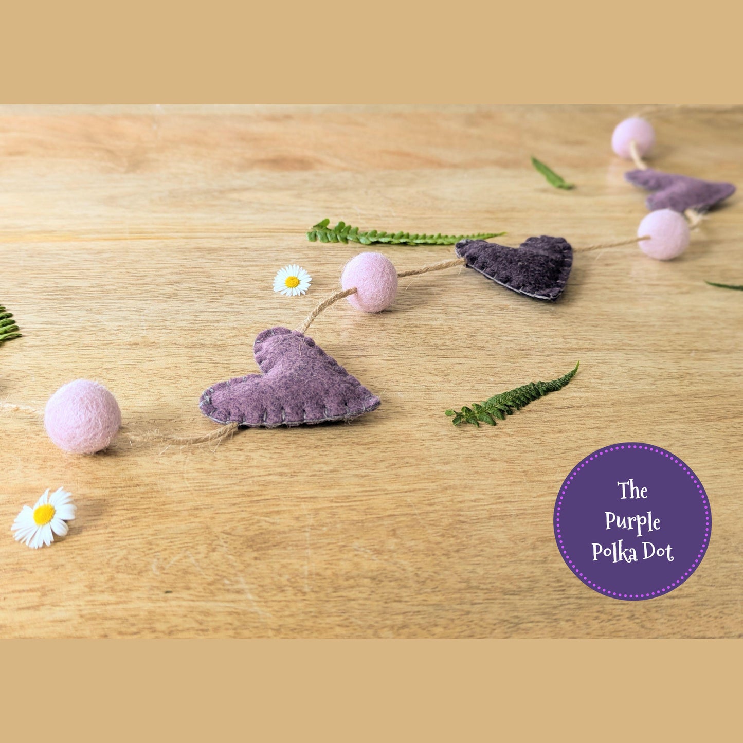 Felt heart garland, purple mini bunting, felt ball garland, hanging heart decoration, wedding photo prop, cottagecore hanging decoration