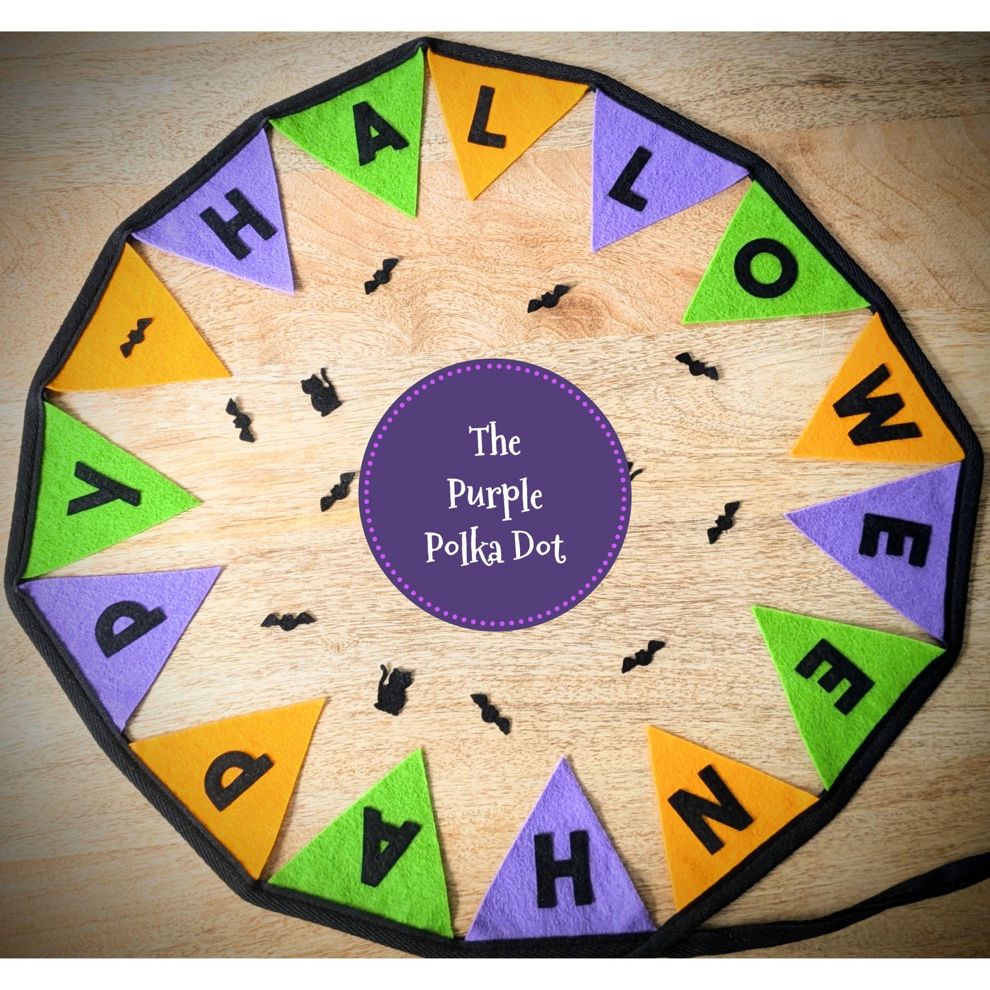 Happy Halloween felt bunting in Halloween colours with black felt lettering