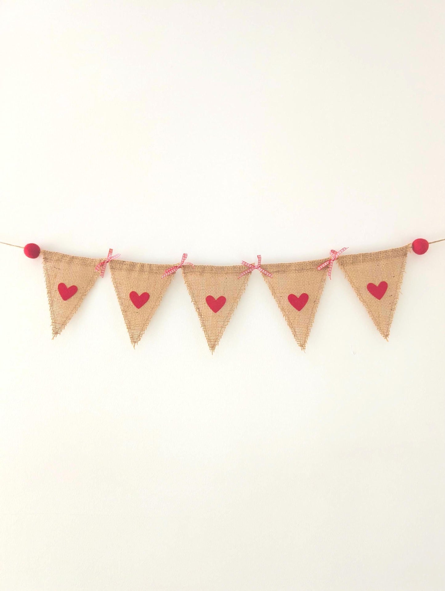 Hessian bunting with felt hearts, felt balls and bows: rustic burlap banner in red