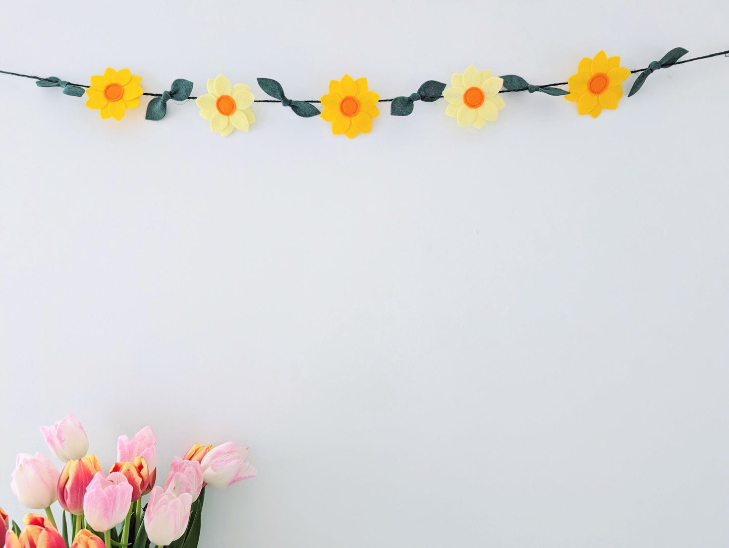 Yellow daffodil and leaves garland: floral spring or Easter bunting
