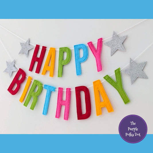 Felt happy birthday garland, rainbow birthday banner, colourful party bunting, reusable party decor, cake smash photo prop, eco party decor