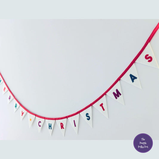 Felt Merry Christmas Bunting: Natural Flags with Green, Red and Purple Letters