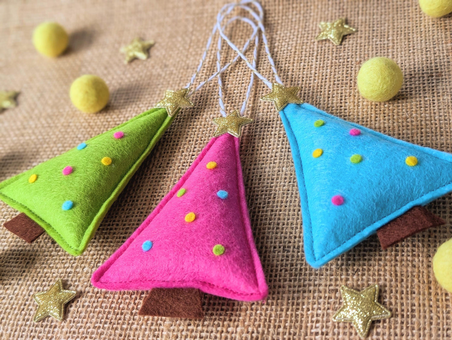 Felt Christmas Tree Hanging Decorations: Pink, green and turquoise