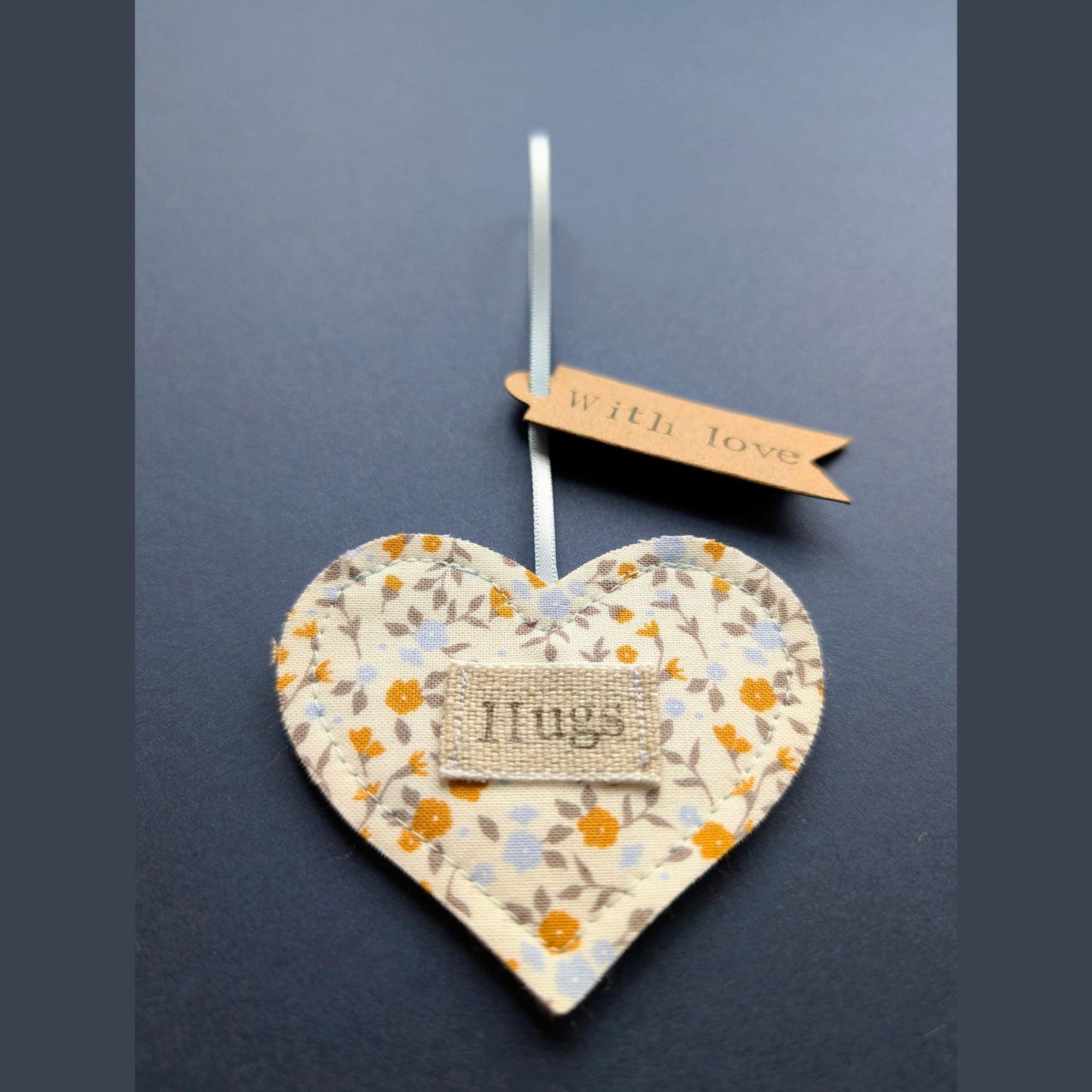 'Hugs' Hanging Decoration with Recycled Plantable Wildflower Seed Backing Card - Blue and Ochre Floral