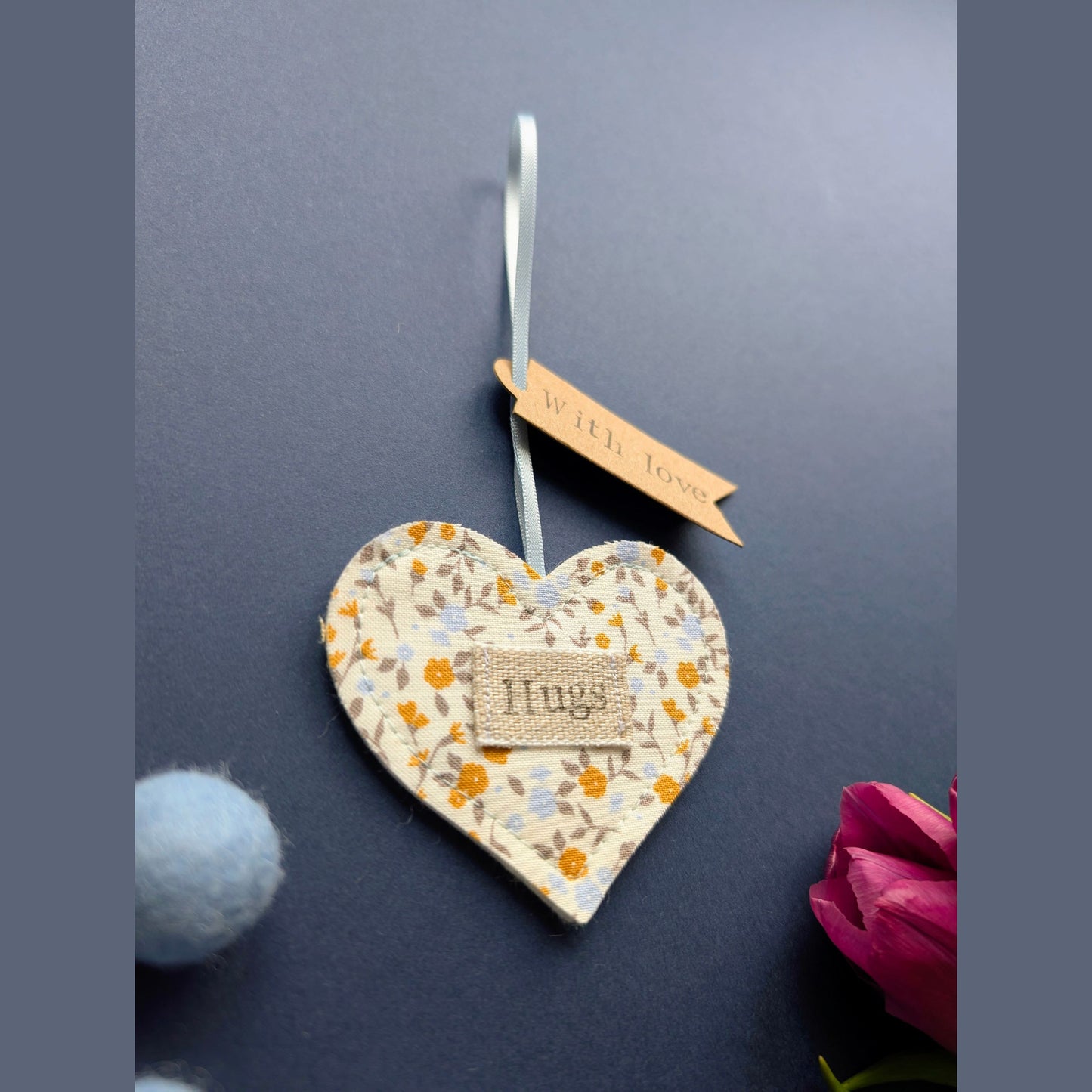 'Hugs' Hanging Decoration with Recycled Plantable Wildflower Seed Backing Card - Blue and Ochre Floral