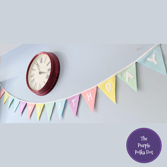 Happy Birthday felt rainbow pastel bunting with large die-cut lettering