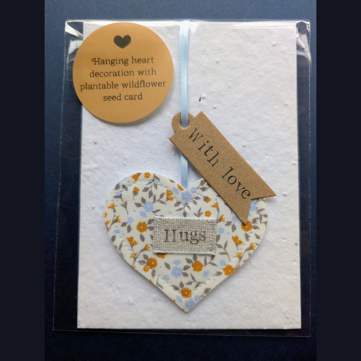 'Hugs' Hanging Decoration with Recycled Plantable Wildflower Seed Backing Card - Blue and Ochre Floral