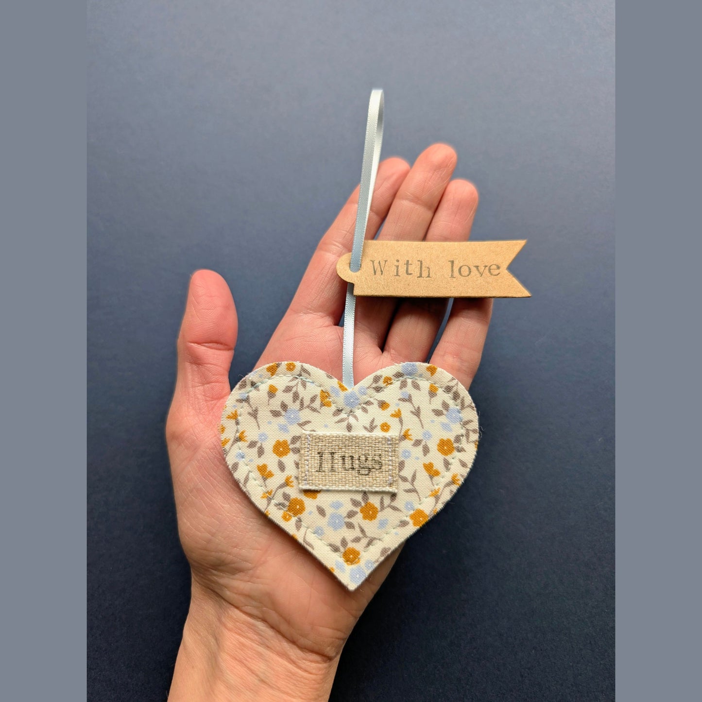 'Hugs' Hanging Decoration with Recycled Plantable Wildflower Seed Backing Card - Blue and Ochre Floral