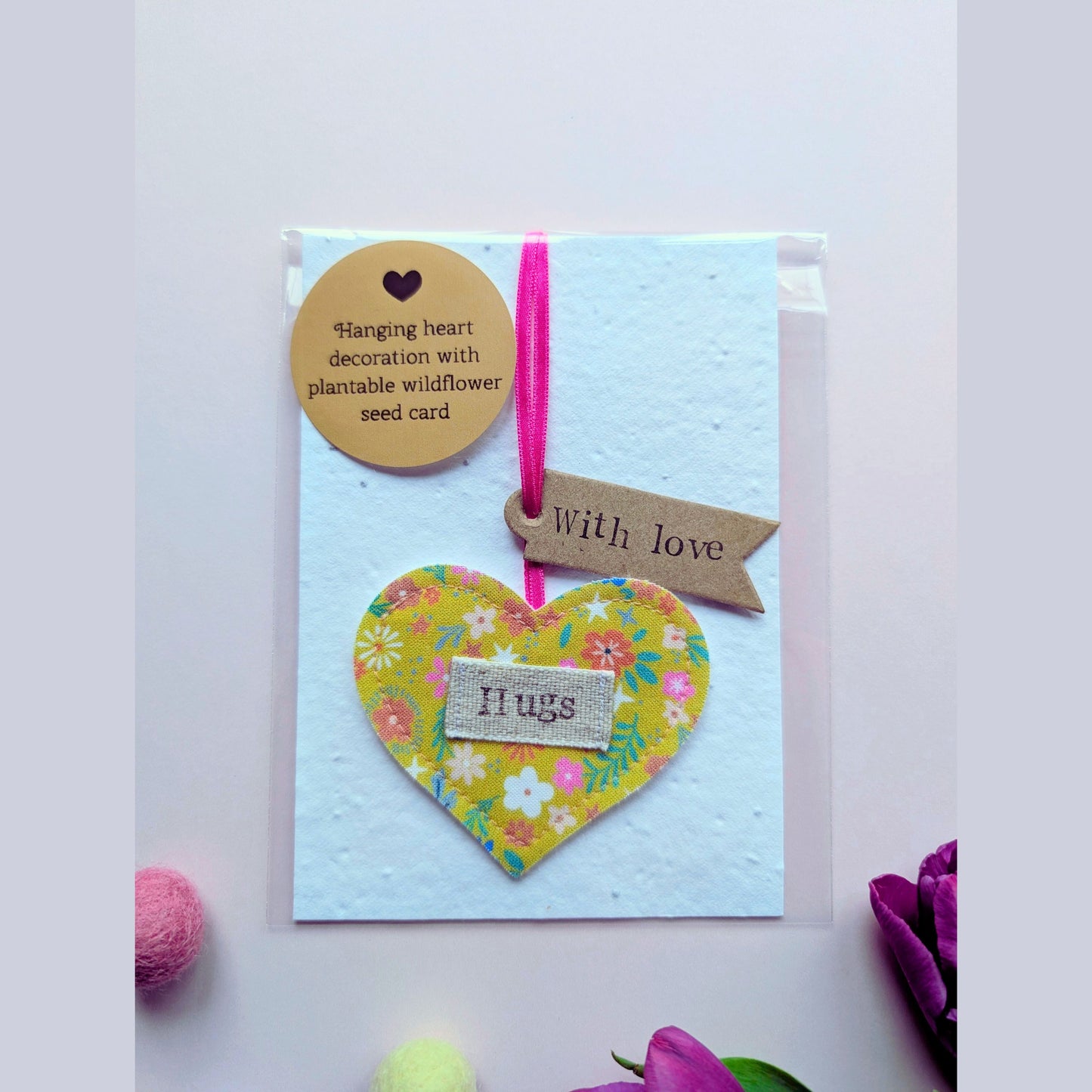 'Hugs' Hanging Heart Decoration with Recycled Plantable Wildflower Seed Backing Card - Yellow floral