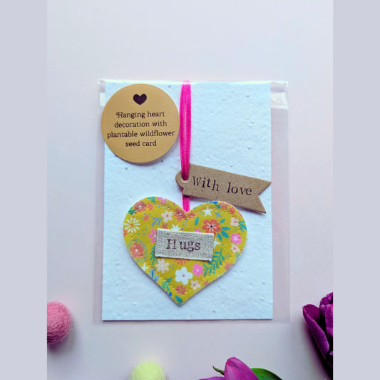'Hugs' Hanging Heart Decoration with Recycled Plantable Wildflower Seed Backing Card - Yellow floral
