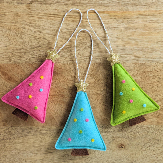 Felt Christmas Tree Hanging Decorations: Pink, green and turquoise