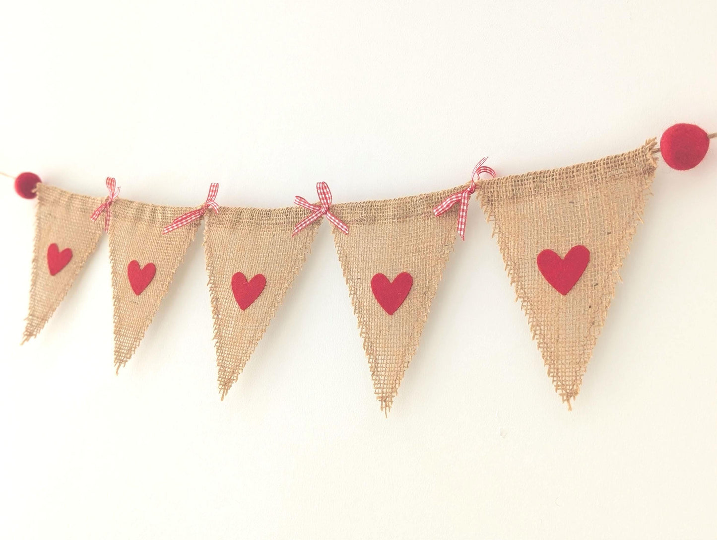Hessian bunting with felt hearts, felt balls and bows: rustic burlap banner in red
