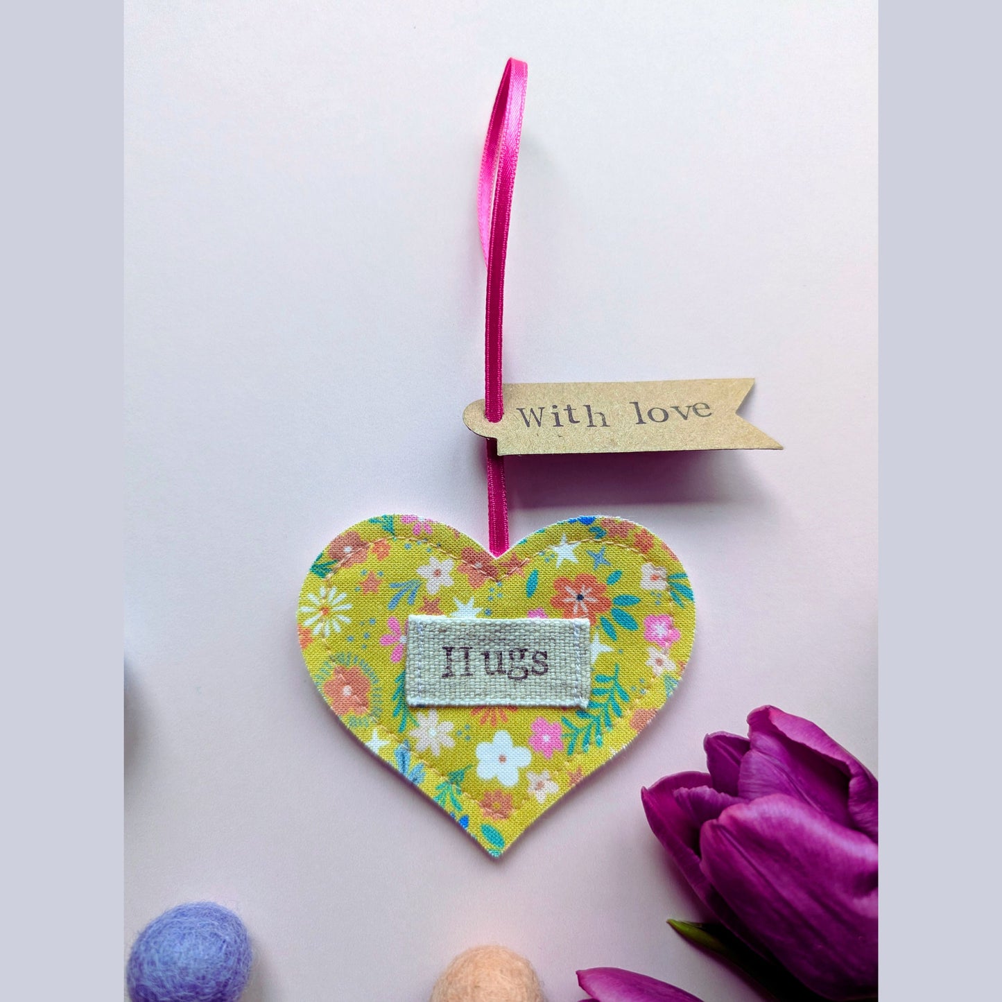'Hugs' Hanging Heart Decoration with Recycled Plantable Wildflower Seed Backing Card - Yellow floral