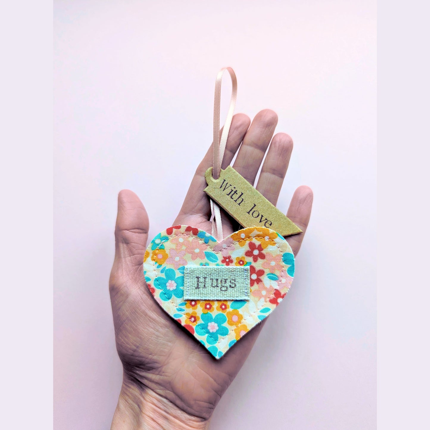 'Hugs' Hanging Heart Decoration with Recycled Plantable Wildflower Seed Backing Card - Pink and Turquoise