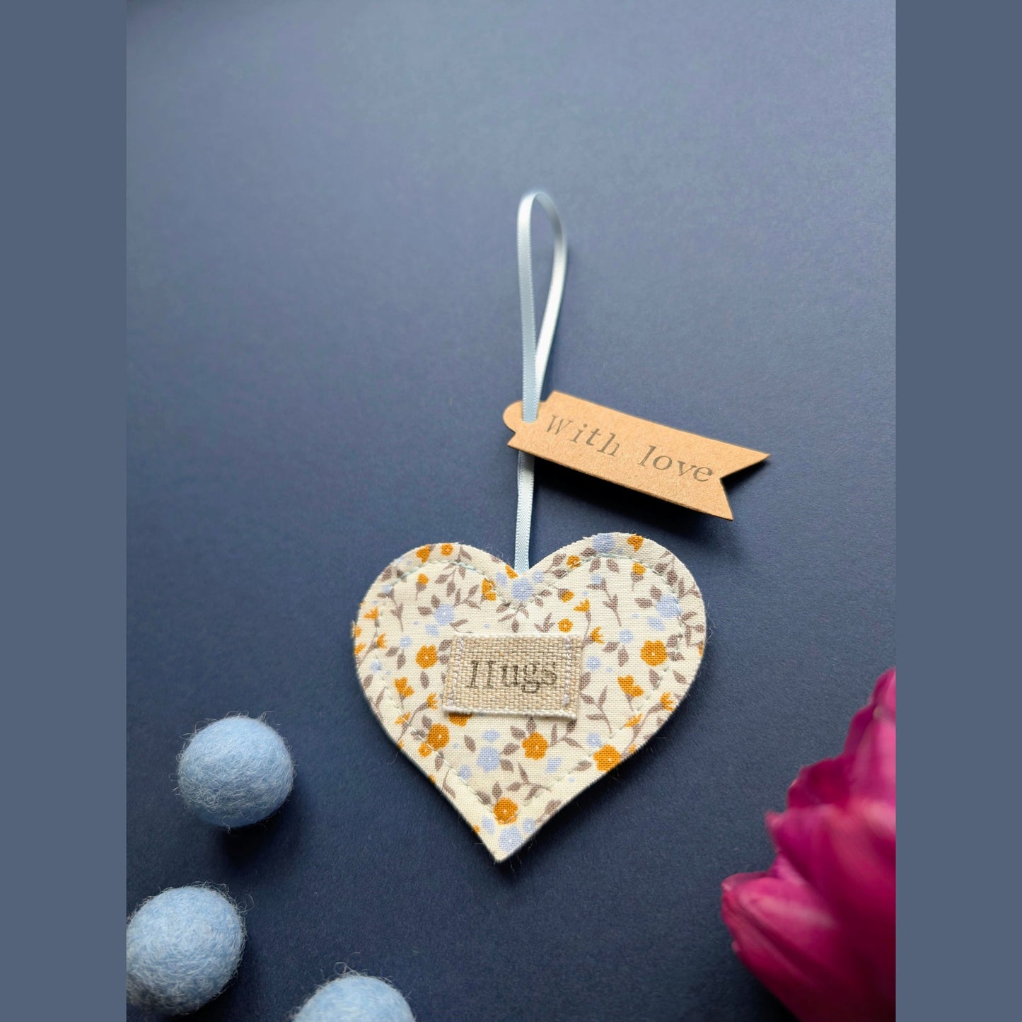 'Hugs' Hanging Decoration with Recycled Plantable Wildflower Seed Backing Card - Blue and Ochre Floral