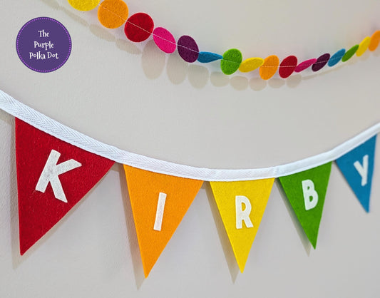 Custom personalised rainbow felt bunting with die-cut lettering