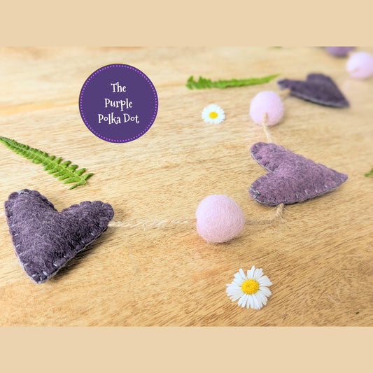 Felt heart garland, purple mini bunting, felt ball garland, hanging heart decoration, wedding photo prop, cottagecore hanging decoration
