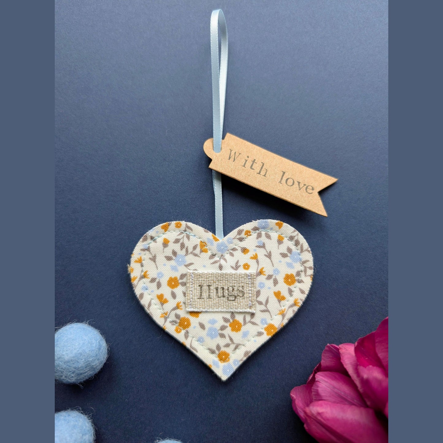 'Hugs' Hanging Decoration with Recycled Plantable Wildflower Seed Backing Card - Blue and Ochre Floral