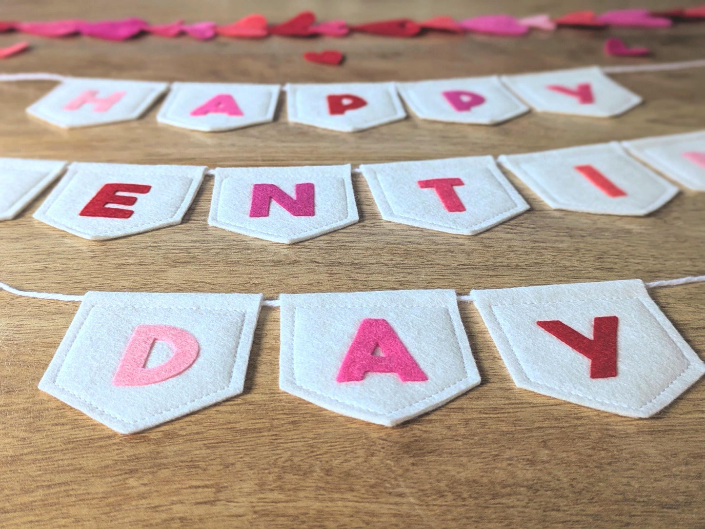 Felt Valentine's Day Banner: Handmade off-white bunting with pink and red lettering