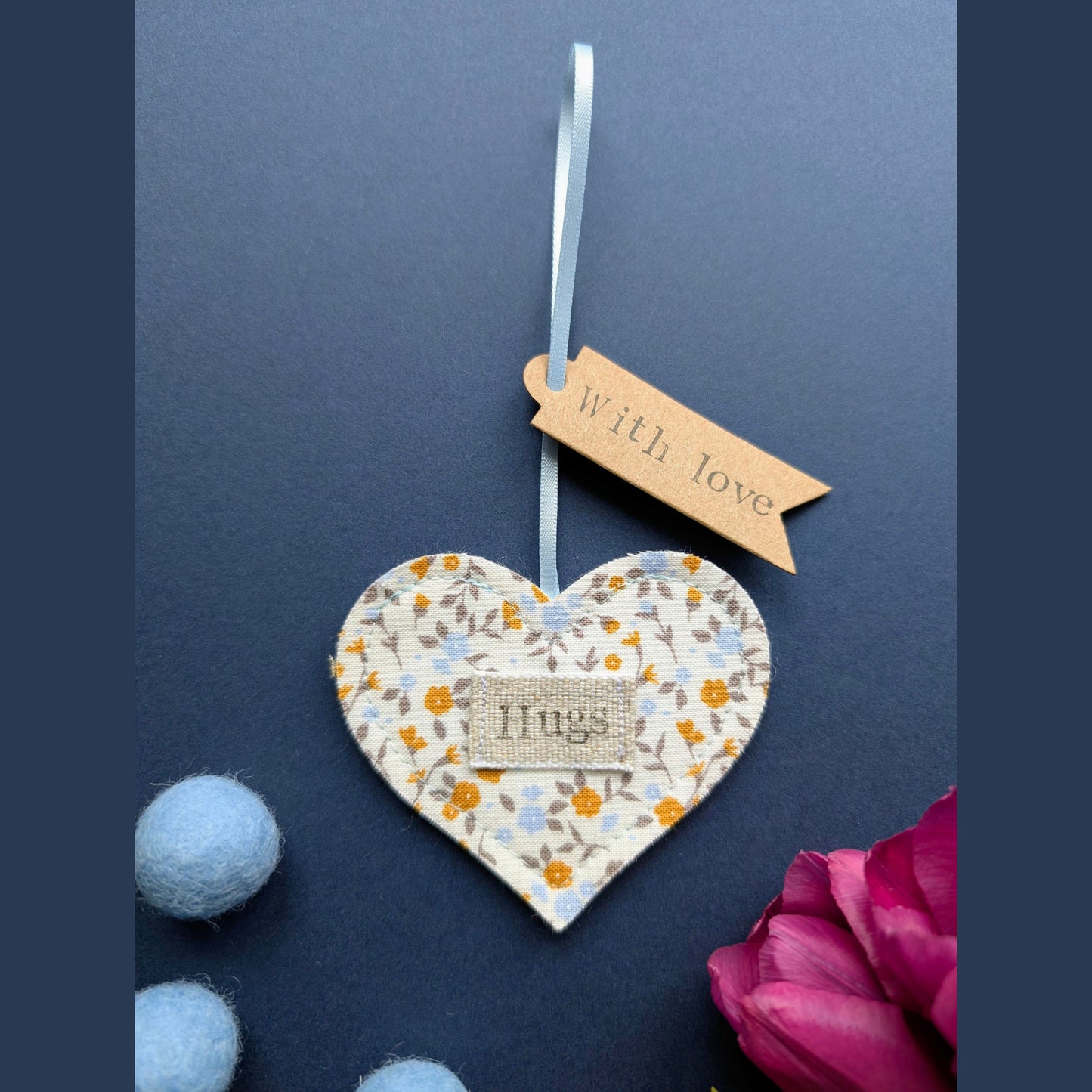 'Hugs' Hanging Decoration with Recycled Plantable Wildflower Seed Backing Card - Blue and Ochre Floral