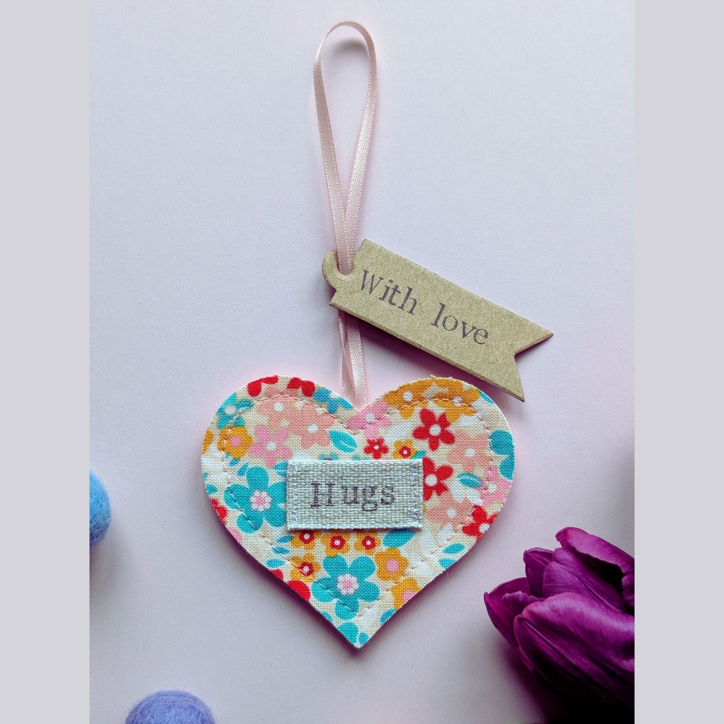 'Hugs' Hanging Heart Decoration with Recycled Plantable Wildflower Seed Backing Card - Pink and Turquoise
