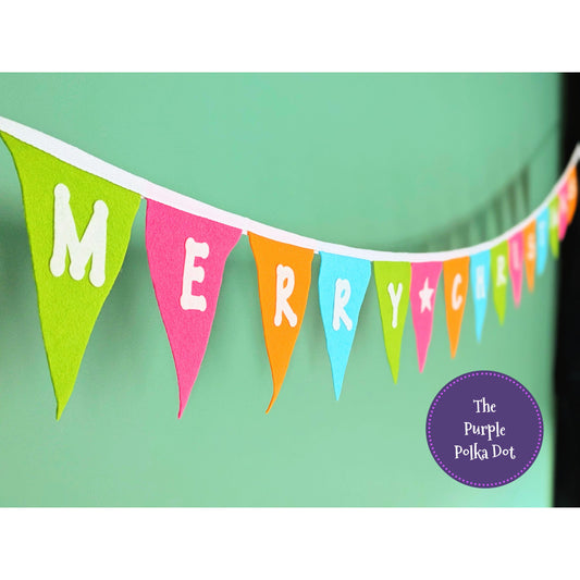Merry Christmas large felt festive bunting garland hanging decoration in bright colours