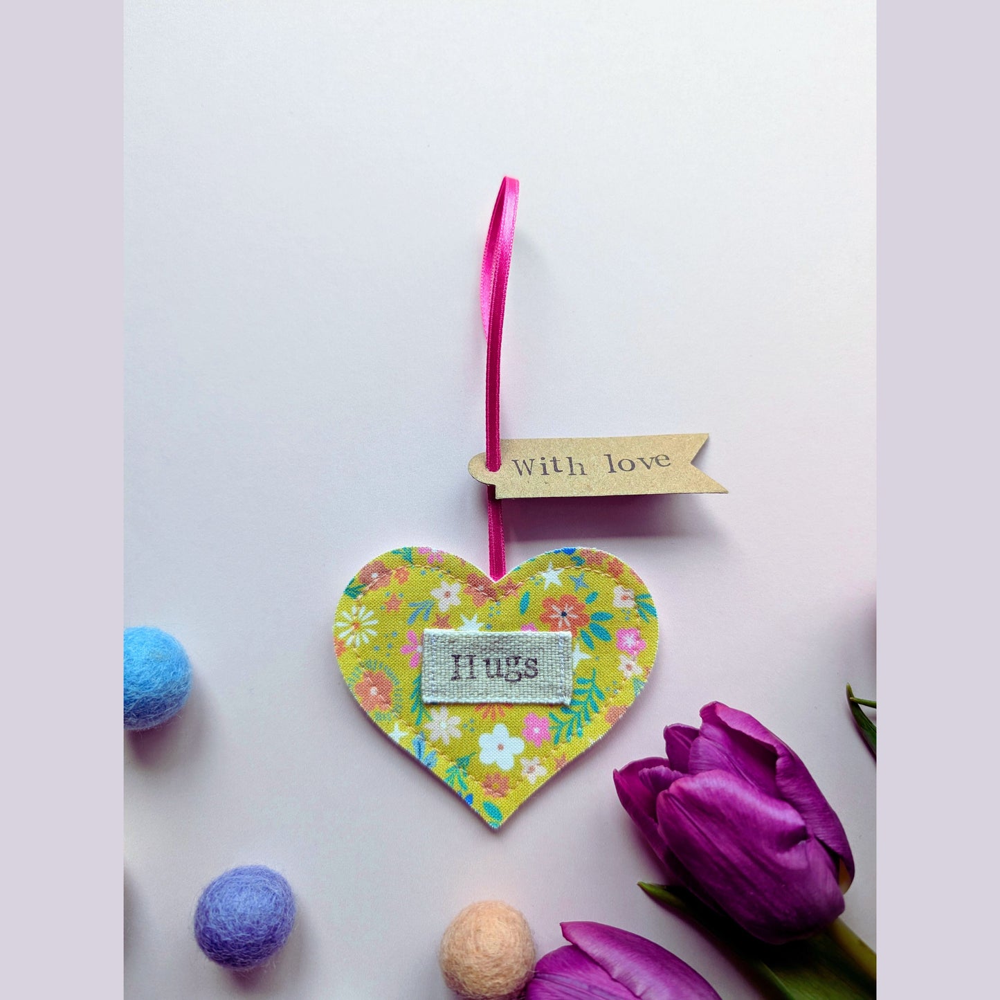 'Hugs' Hanging Heart Decoration with Recycled Plantable Wildflower Seed Backing Card - Yellow floral